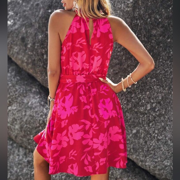 Boho Floral Print Halter Belted Dress Hot Pink - Picture 6 of 6